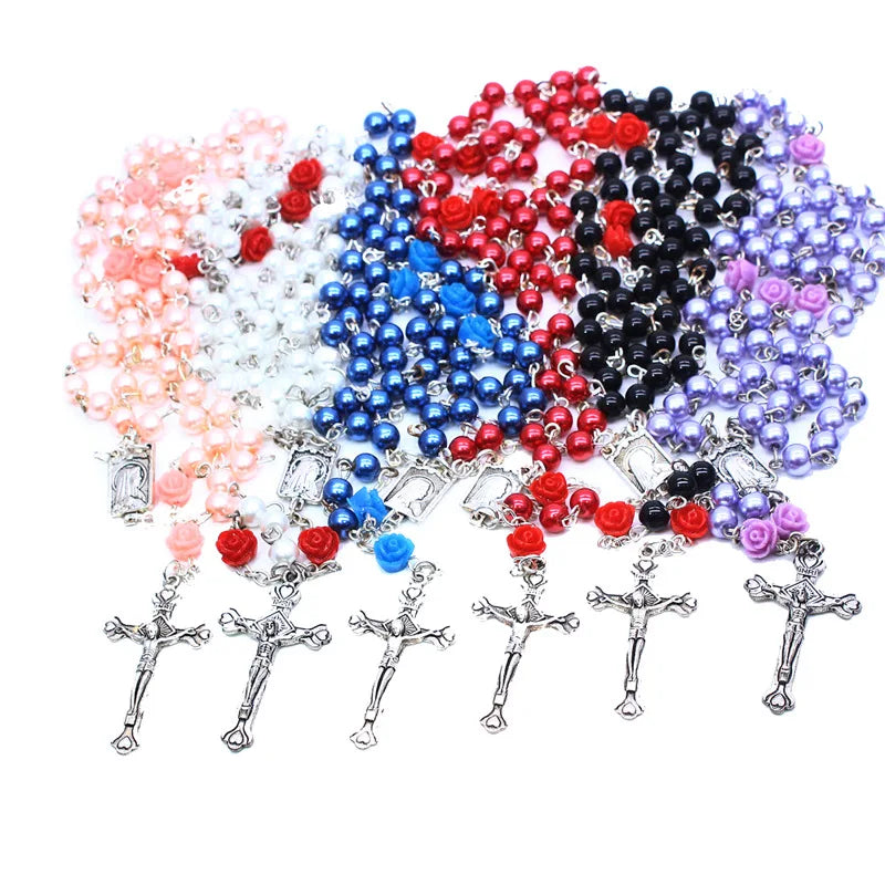 6 Colors Resin Rose Glass Pearl Fashion Rosary Long Pendant Necklace Religious Faith Maria Jesus Cross