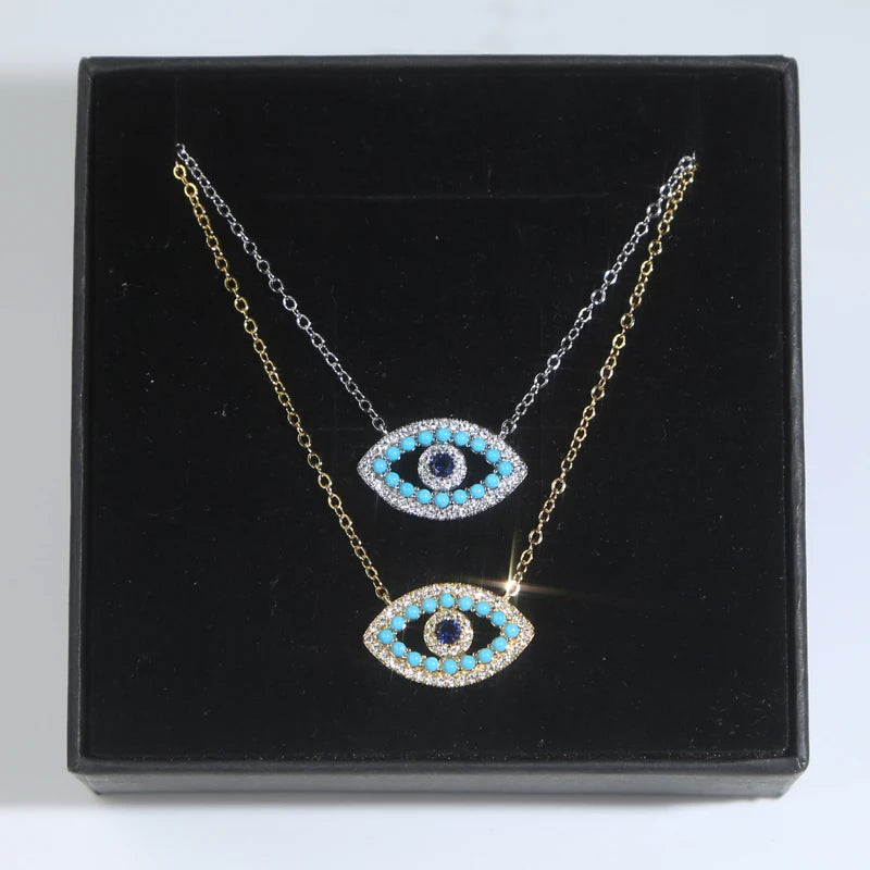 Classic Turkish Evil Eye Pendant Necklace for Women Paved 5A Cubic Zirconia Black and Blue Eye Charm Gold Color for Party 41+5cm 3 Options