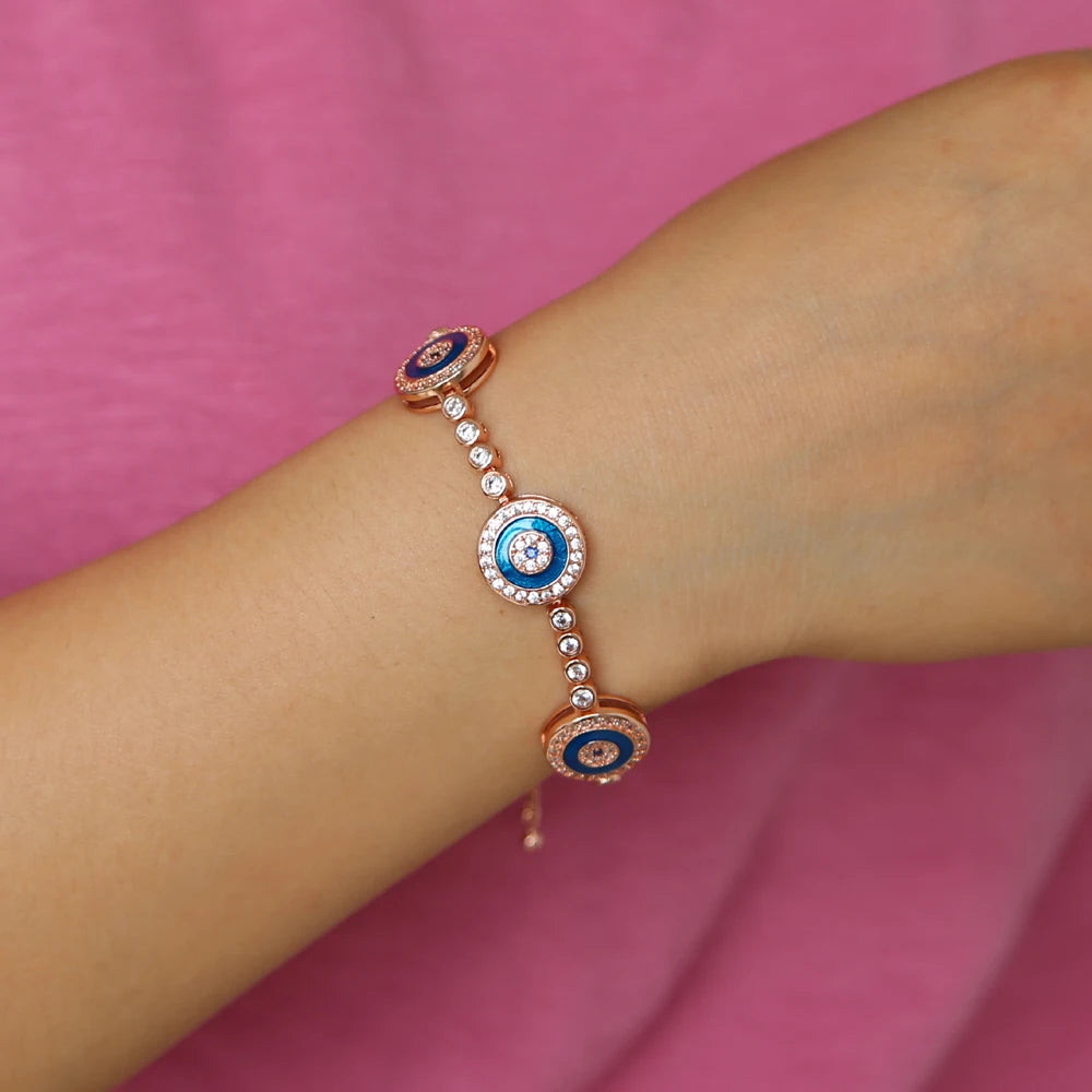 Tennis round evil eye charm fashion jewelry rose gold color bracelet