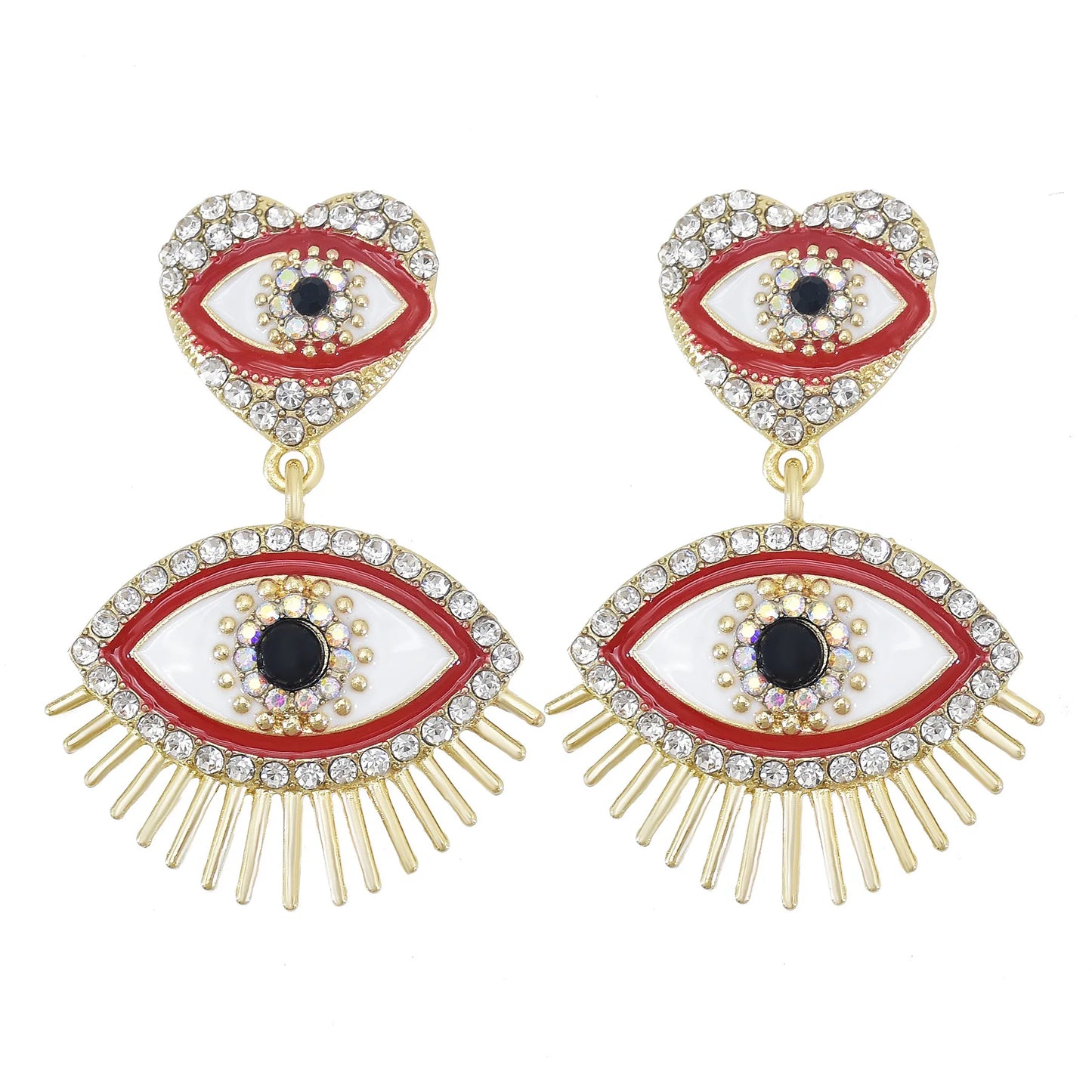 Double Crystal Heart Evil Eye Dangle Earrings For Women Turkish Ethnic Exaggerated Street Shooting Ear Hang Jewelry Accessories