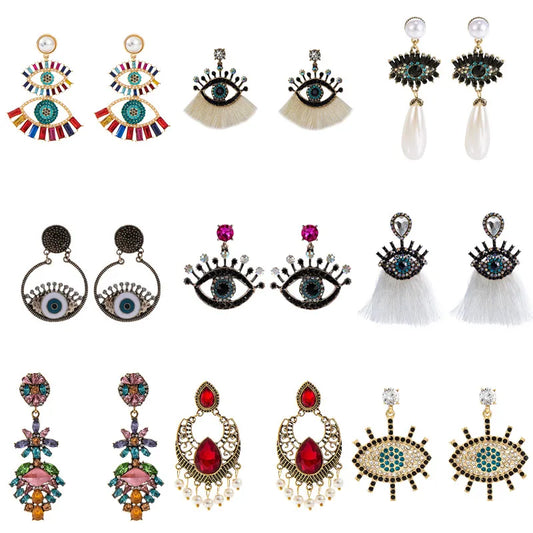 Evil Eye Earrings Loop Pearl Enamel Eye Statement Earrings