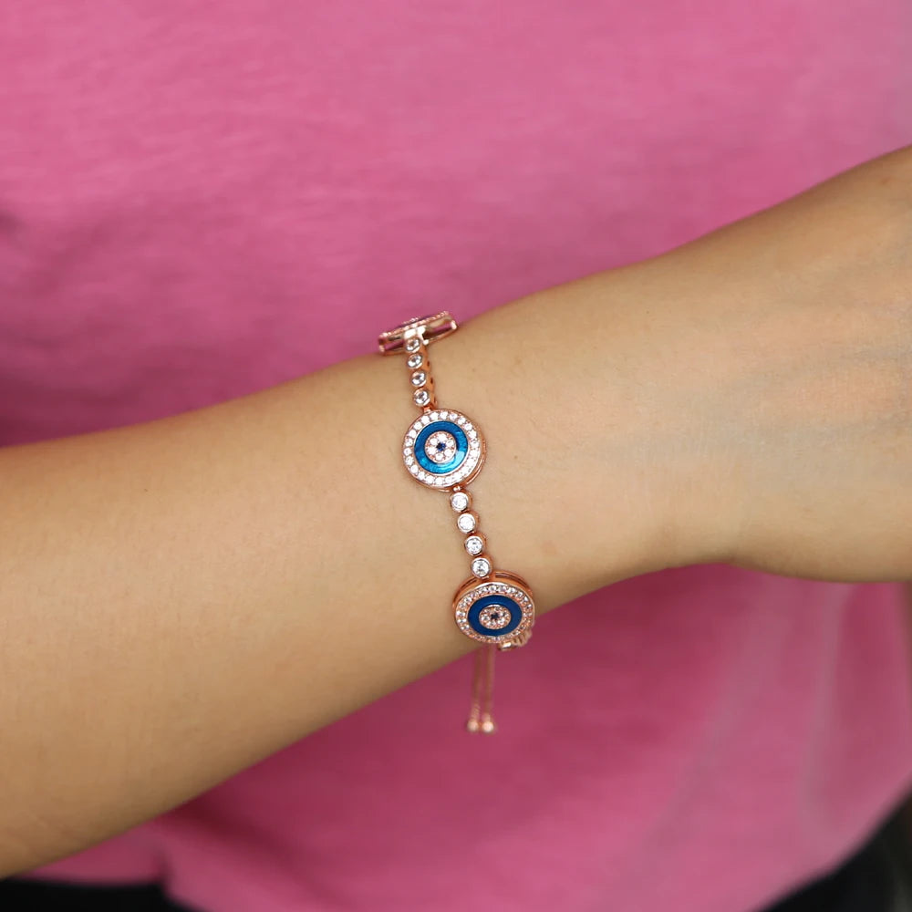 Tennis round evil eye charm fashion jewelry rose gold color bracelet