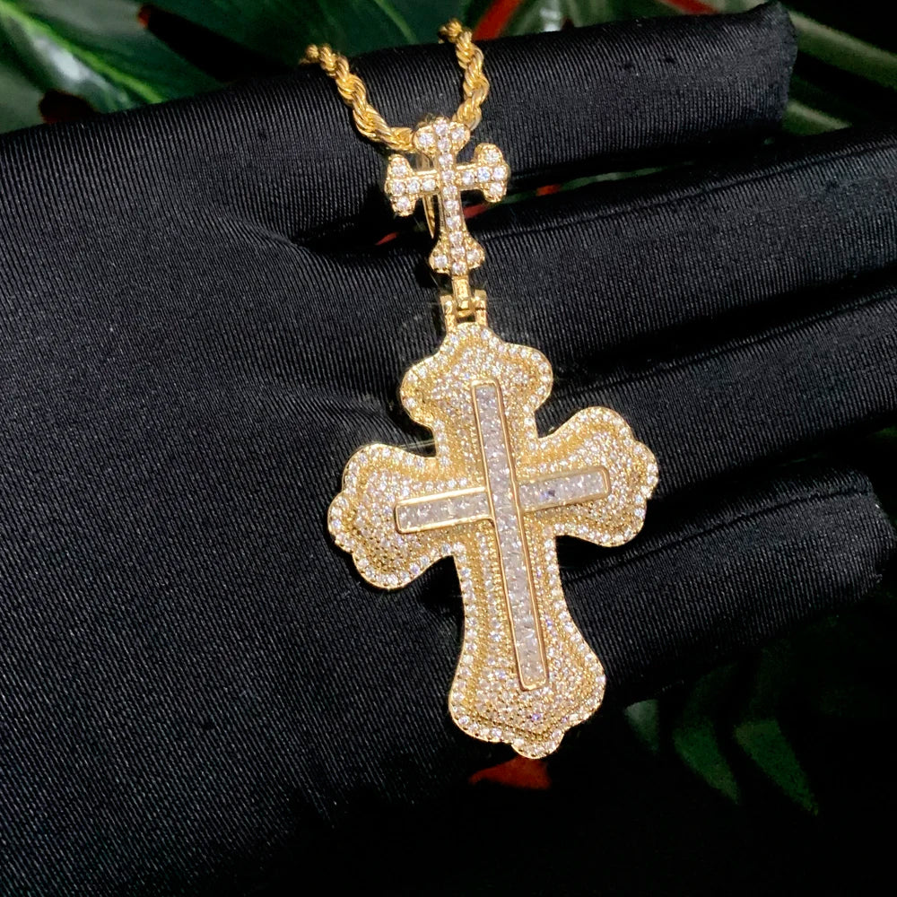 Iced Out Bling Cubic Zircon CZ Double Cross Shape Classic Pendant Necklaces