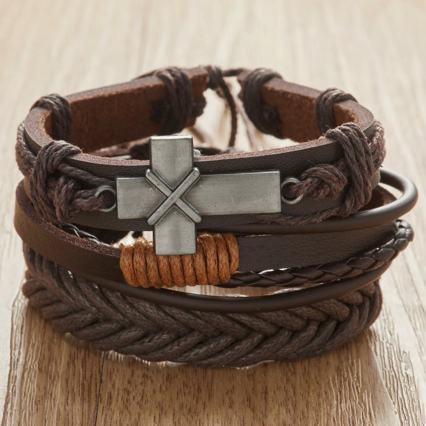 Braided Wrap Leather Bracelet for Men Women Vintage Feather Infinite Cross Wood Beads