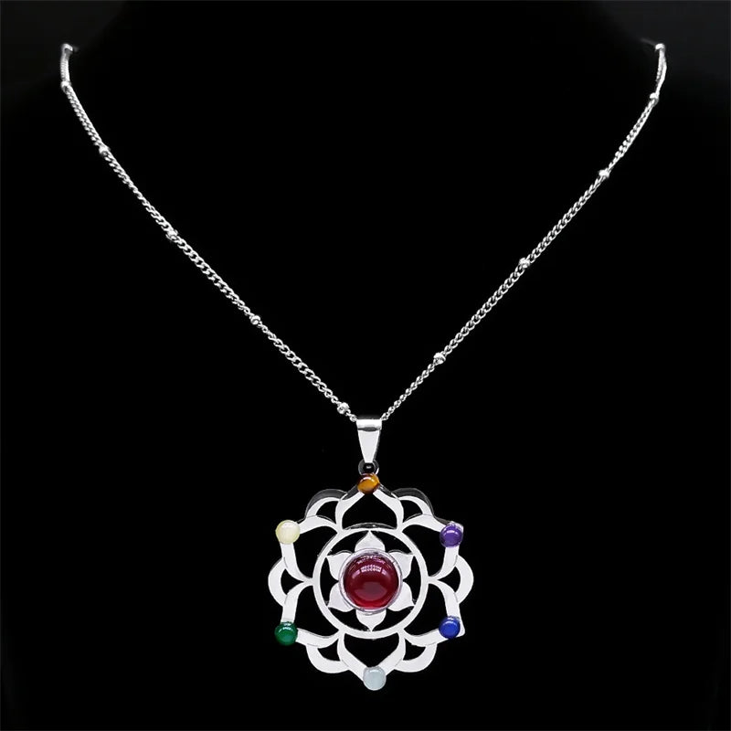 7 Chakra Sacred Geometry Metatron Necklace for Women Flower of Life Stainless Steel Stone Necklaces Reiki Healing Jewelry