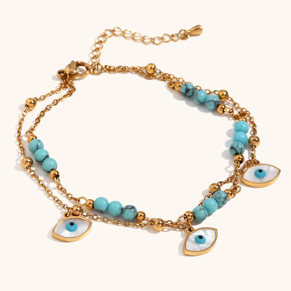 Popular Shell Blue Turquoise Evil Eye Pendant Double Layers Leg Bracelet  For Women Stainless Steel Ankle Bracelet Jewelry