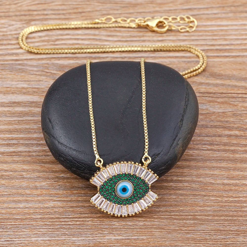 Zircon Bohemian Evil Eye Inlaid Rainbow Rhinestone Pendant Necklace Purple, Blue & Green Available