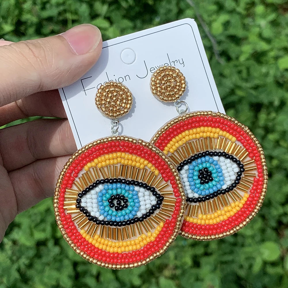 Vintage Beaded Evil Eye Statement Drop Dangling Earrings for Women Girls Bohemian Colorful Rice Beads