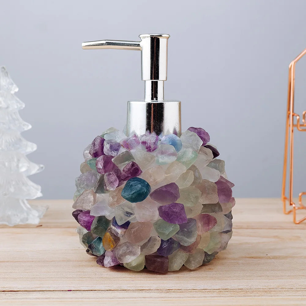 Natural Crystal Raw Stone Rose Quartz Manual Soap Dispenser Healing Gemstone Fluorite Hand Sanitizer Bottle