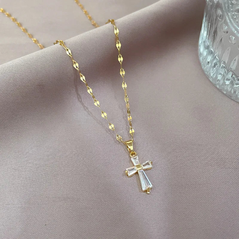 Stainless Steel New Arrival Fashion Cross Necklace Accessories Silver Color Crystal CZ Pendants Necklace for Women Fine Jewelry