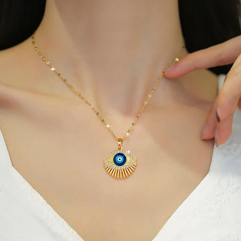 24 Styles Cubic Zircon Hamsa Evil Blue Eye Necklace Stainless Steel Turkish Eye Eyelash Necklace Greek Jewelry