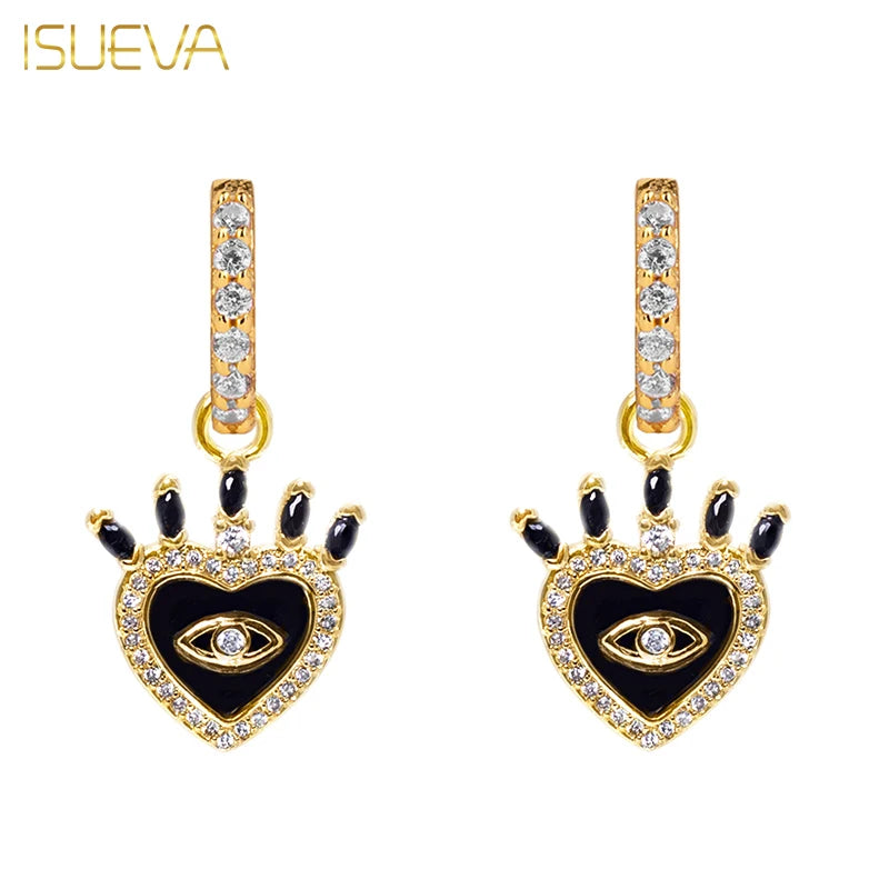 Gold Filled Heart Dangle Earrings for Women Zircon Enamel Piercing Evil Eye Hoop Drop Earrings