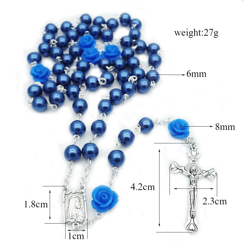 6 Colors Resin Rose Glass Pearl Fashion Rosary Long Pendant Necklace Religious Faith Maria Jesus Cross