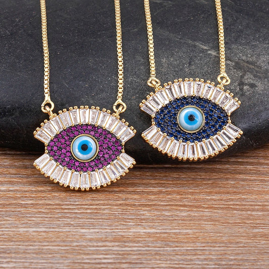 Zircon Bohemian Evil Eye Inlaid Rainbow Rhinestone Pendant Necklace Purple, Blue & Green Available