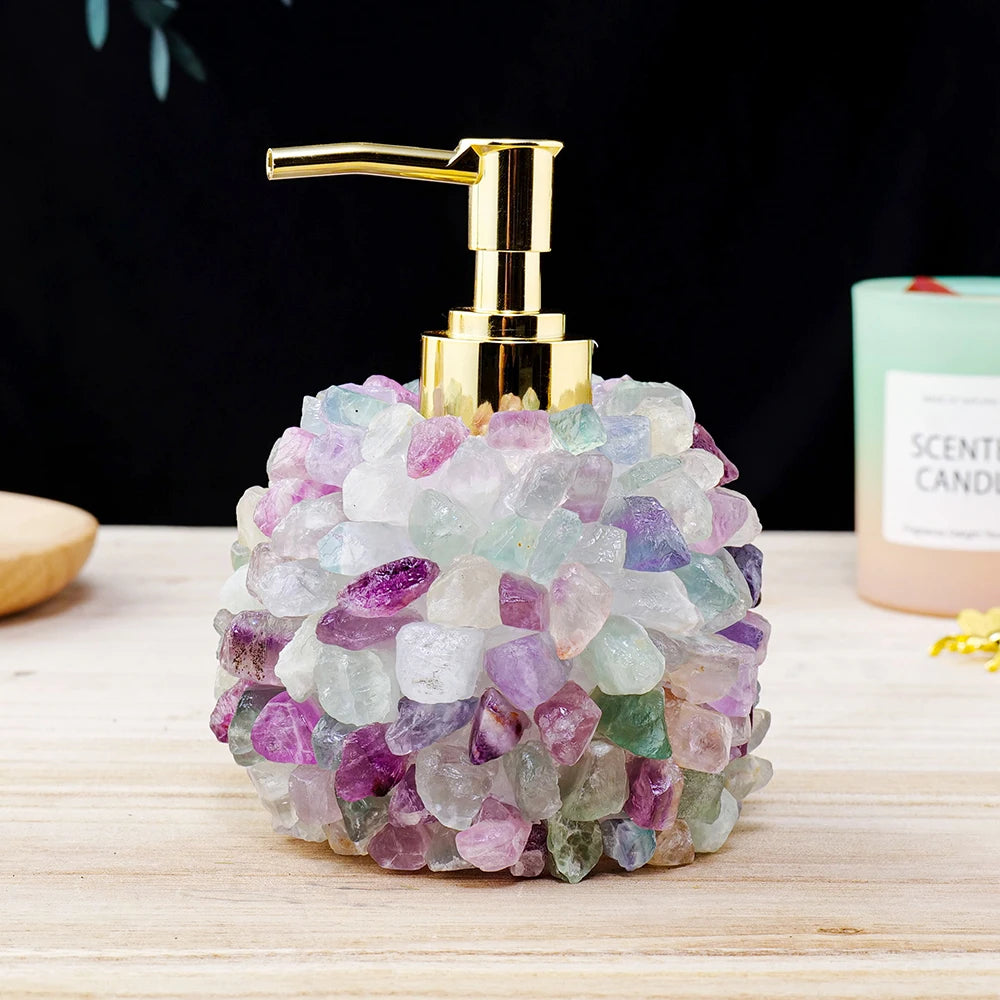 Natural Crystal Raw Stone Rose Quartz Manual Soap Dispenser Healing Gemstone Fluorite Hand Sanitizer Bottle