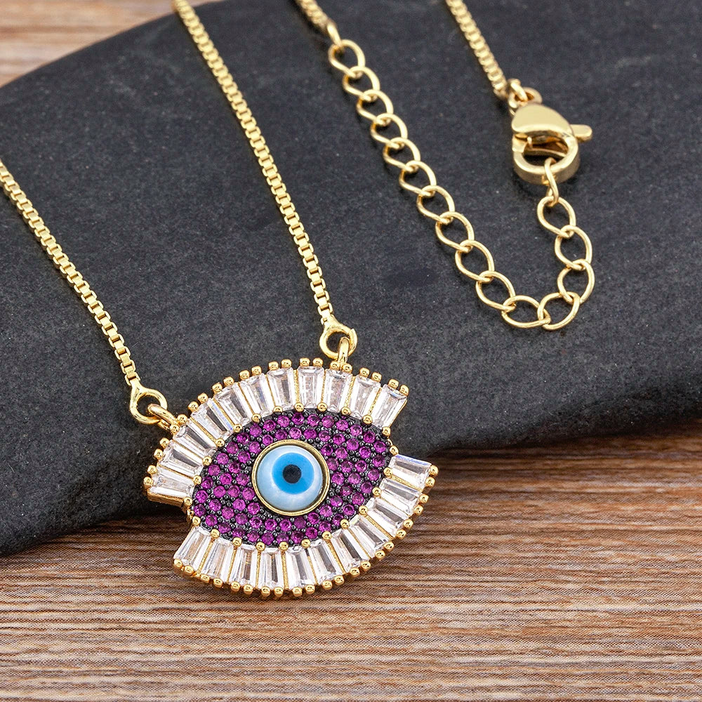 Zircon Bohemian Evil Eye Inlaid Rainbow Rhinestone Pendant Necklace Purple, Blue & Green Available