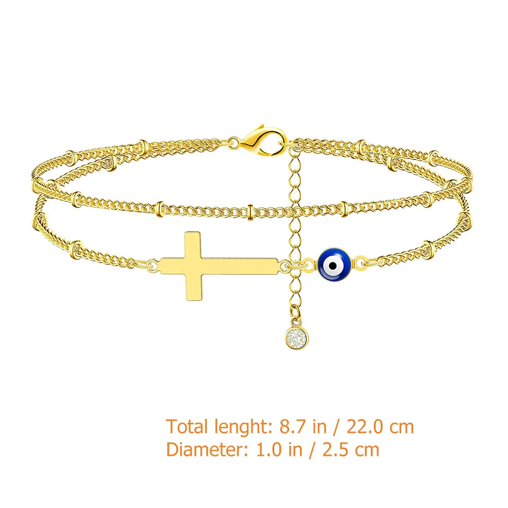 Evil Eye & Cross Layered Anklets