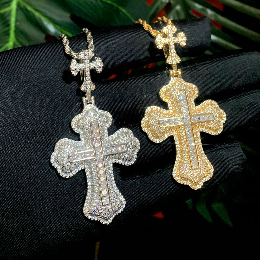 Iced Out Bling Cubic Zircon CZ Double Cross Shape Classic Pendant Necklaces