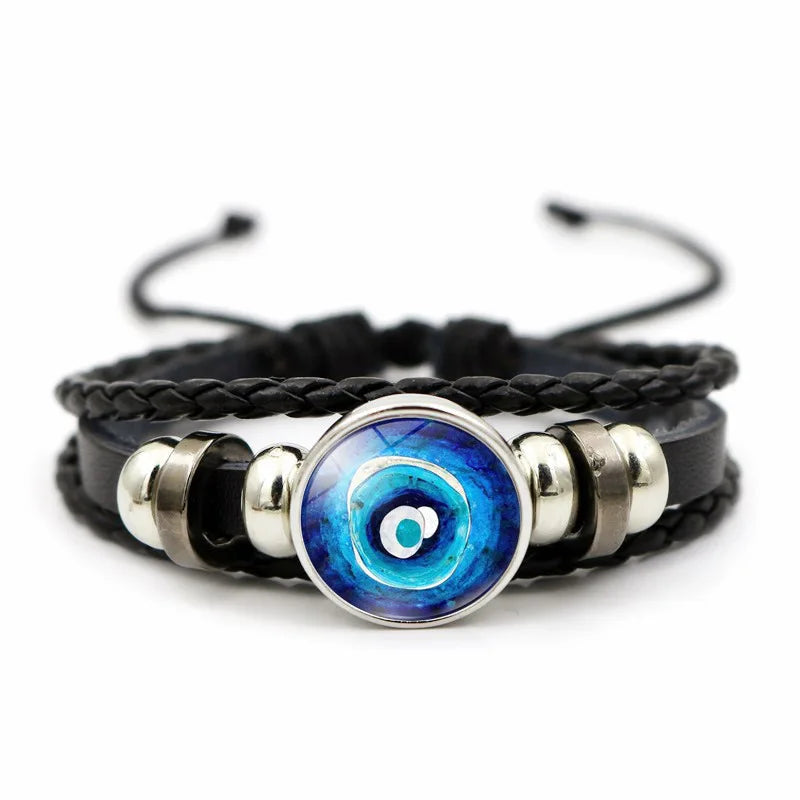 Evil Eye Leather Bracelet Hand Woven Blue Eye Multilayer