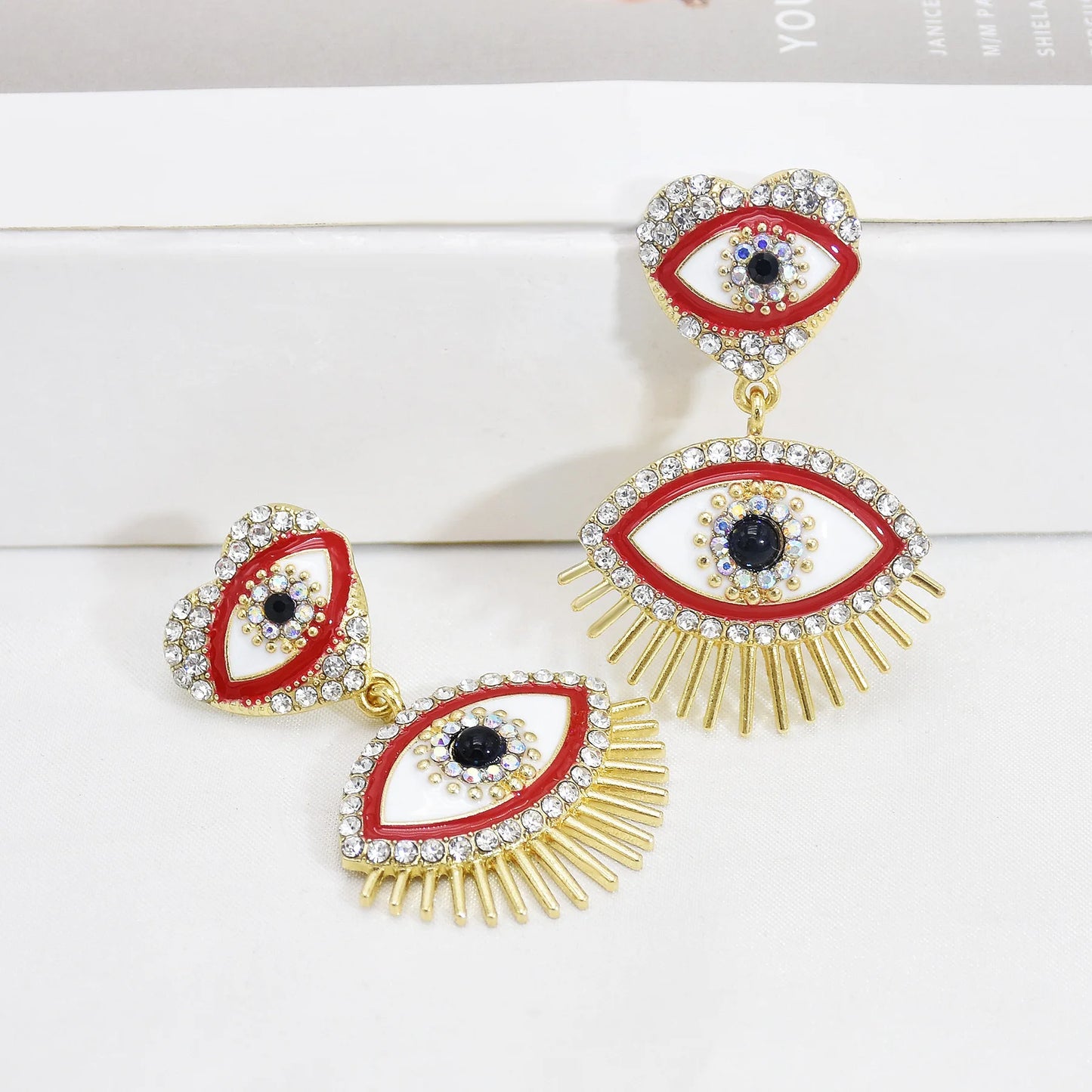 Double Crystal Heart Evil Eye Dangle Earrings For Women Turkish Ethnic Exaggerated Street Shooting Ear Hang Jewelry Accessories