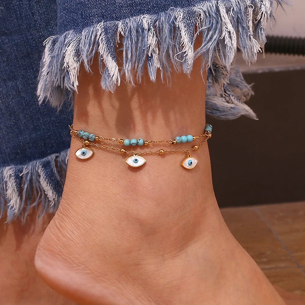 Popular Shell Blue Turquoise Evil Eye Pendant Double Layers Leg Bracelet  For Women Stainless Steel Ankle Bracelet Jewelry