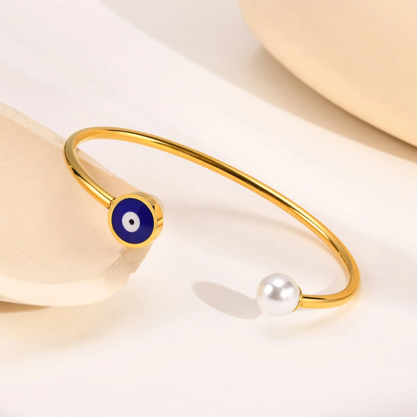 Blue Evil Eyes Open Cuff Bangle Bracelet With Pearl For Children Kids Baby Girls Women Adjustable Resize Protection Jewelry