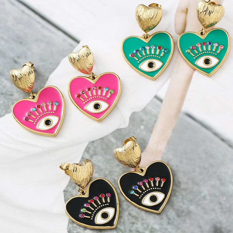 Bohemia Evil Blue Eyes Heart Earrings 14k Gold Plated Stainless Steel Earrings for Women Designer Fashion Jewelry Gifts Wholesale