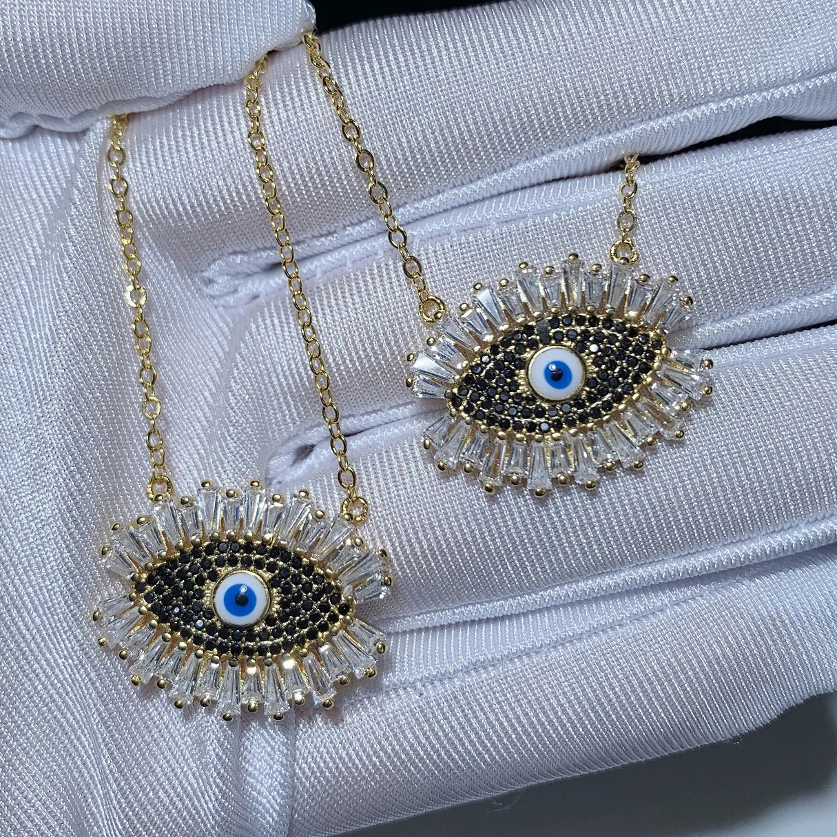 Classic Turkish Evil Eye Pendant Necklace for Women Paved 5A Cubic Zirconia Black and Blue Eye Charm Gold Color for Party 41+5cm 3 Options