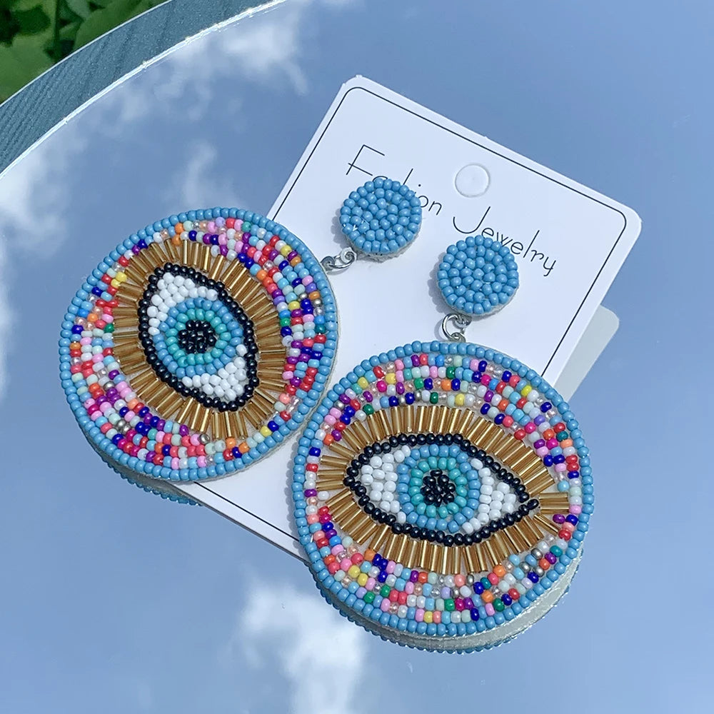 Vintage Beaded Evil Eye Statement Drop Dangling Earrings for Women Girls Bohemian Colorful Rice Beads