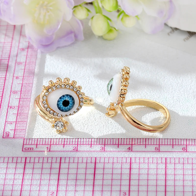 Crystal Turkish Blue Evil Eye Finger Ring For Women Men Gift Vintage Gold Color Lucky Eye Adjustable