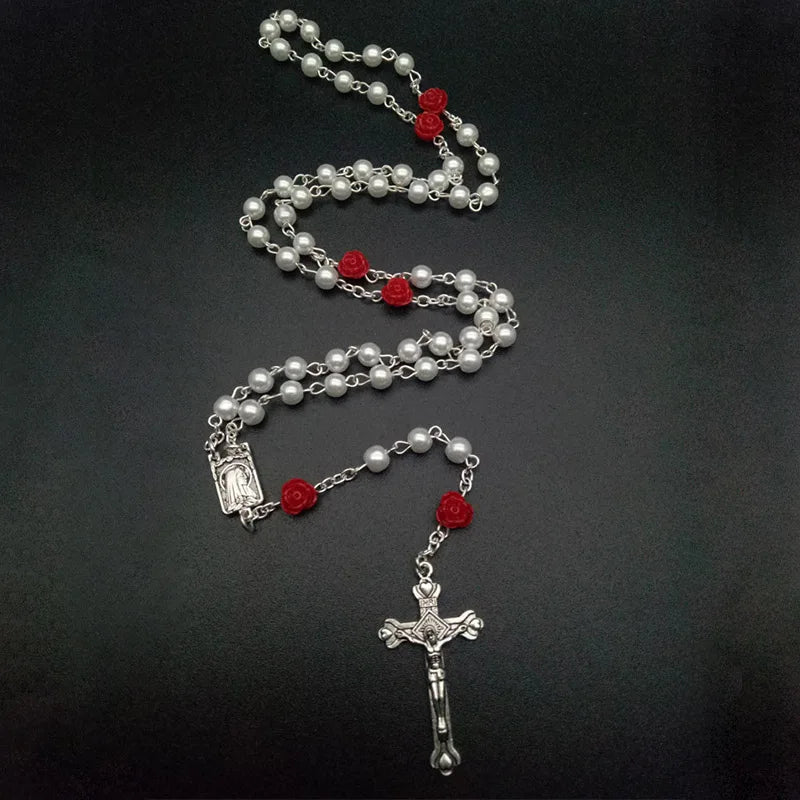 6 Colors Resin Rose Glass Pearl Fashion Rosary Long Pendant Necklace Religious Faith Maria Jesus Cross