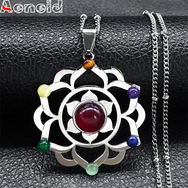 7 Chakra Sacred Geometry Metatron Necklace for Women Flower of Life Stainless Steel Stone Necklaces Reiki Healing Jewelry