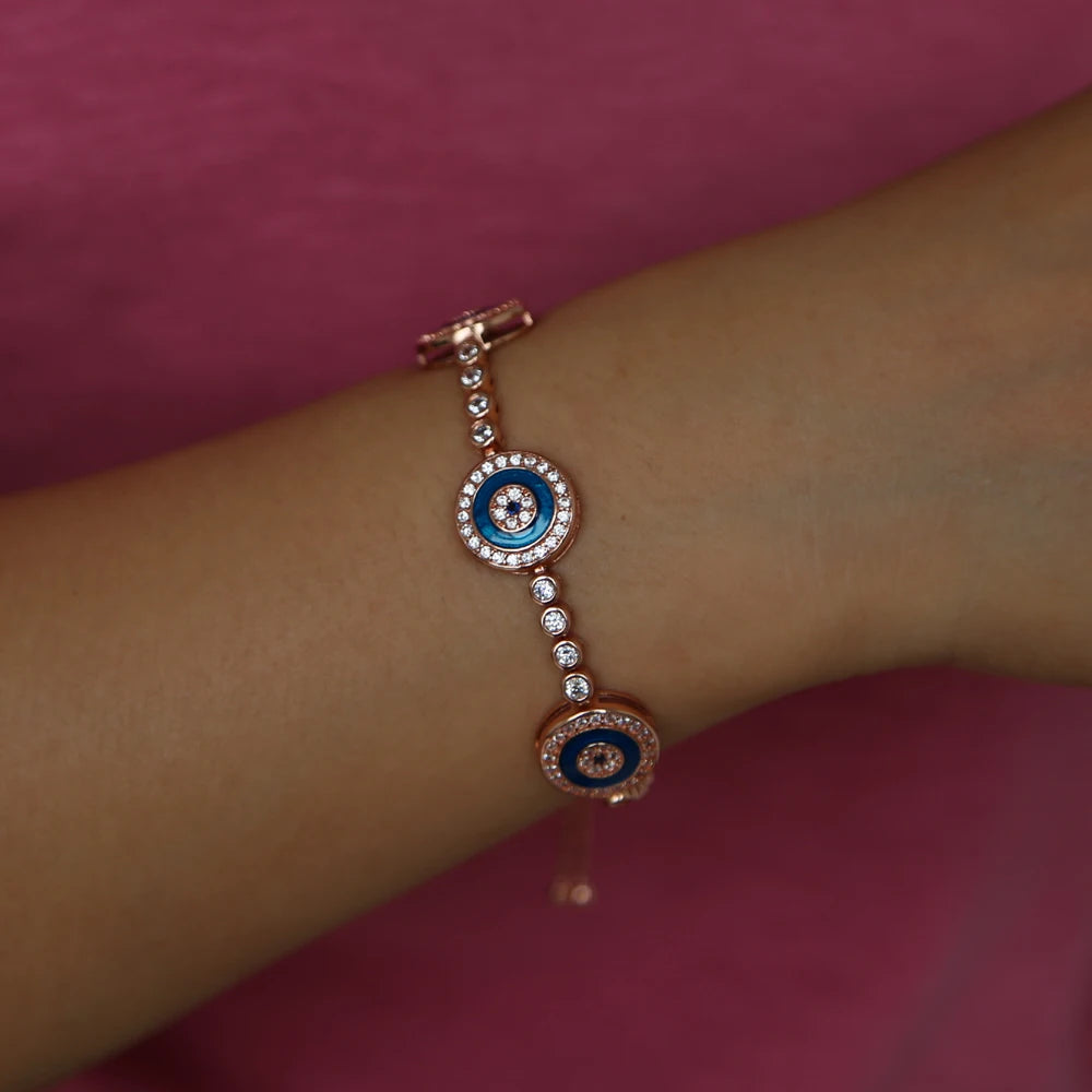 Tennis round evil eye charm fashion jewelry rose gold color bracelet