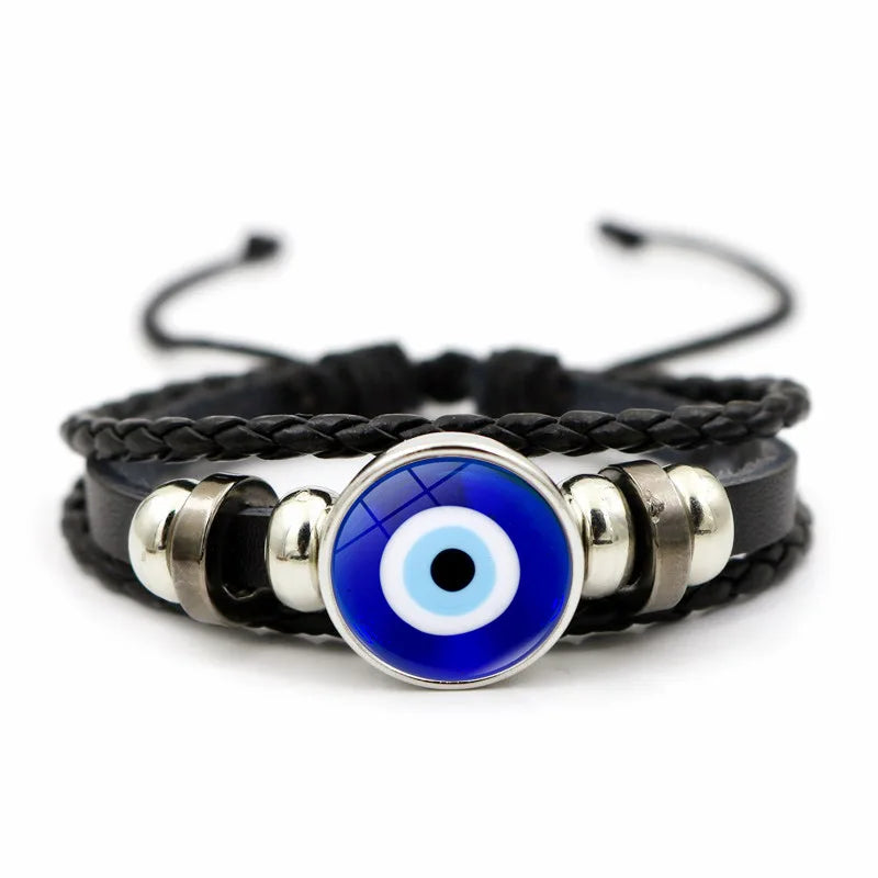 Evil Eye Leather Bracelet Hand Woven Blue Eye Multilayer