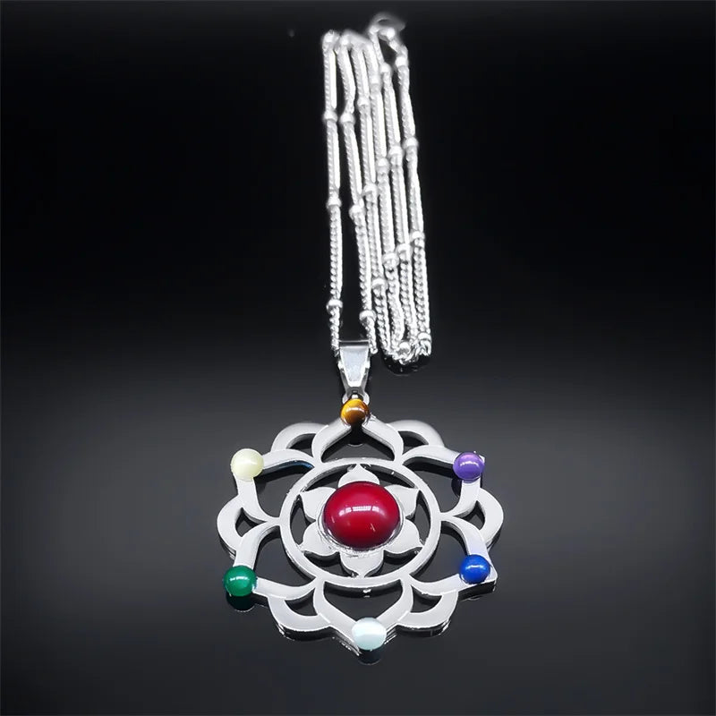 7 Chakra Sacred Geometry Metatron Necklace for Women Flower of Life Stainless Steel Stone Necklaces Reiki Healing Jewelry