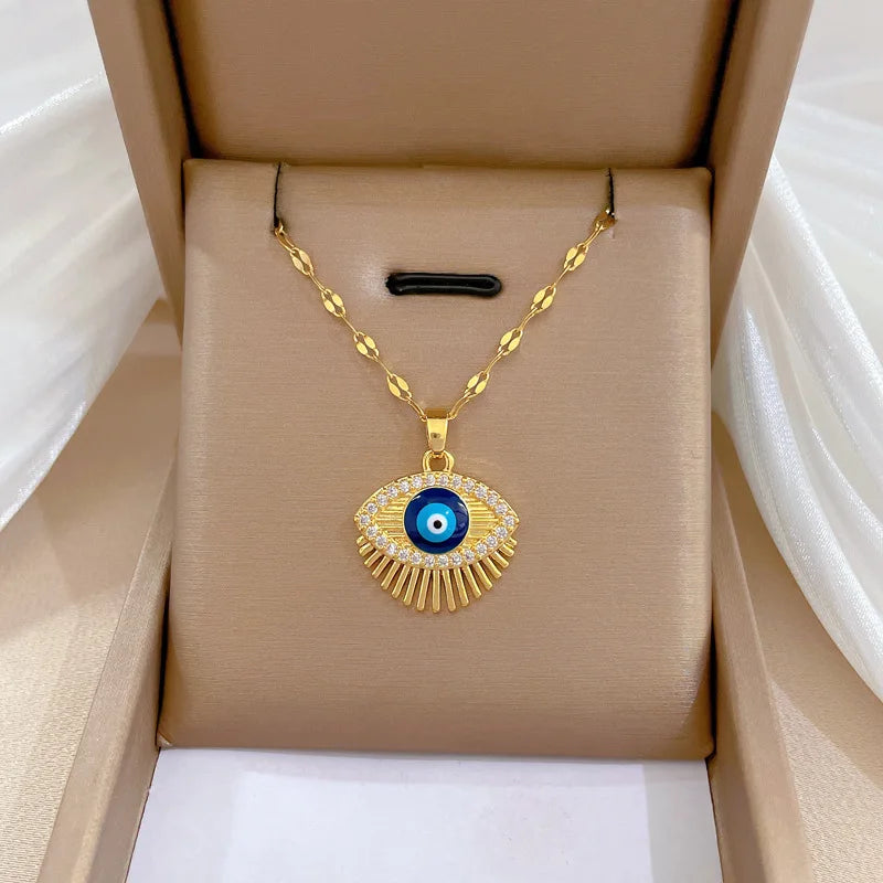 24 Styles Cubic Zircon Hamsa Evil Blue Eye Necklace Stainless Steel Turkish Eye Eyelash Necklace Greek Jewelry