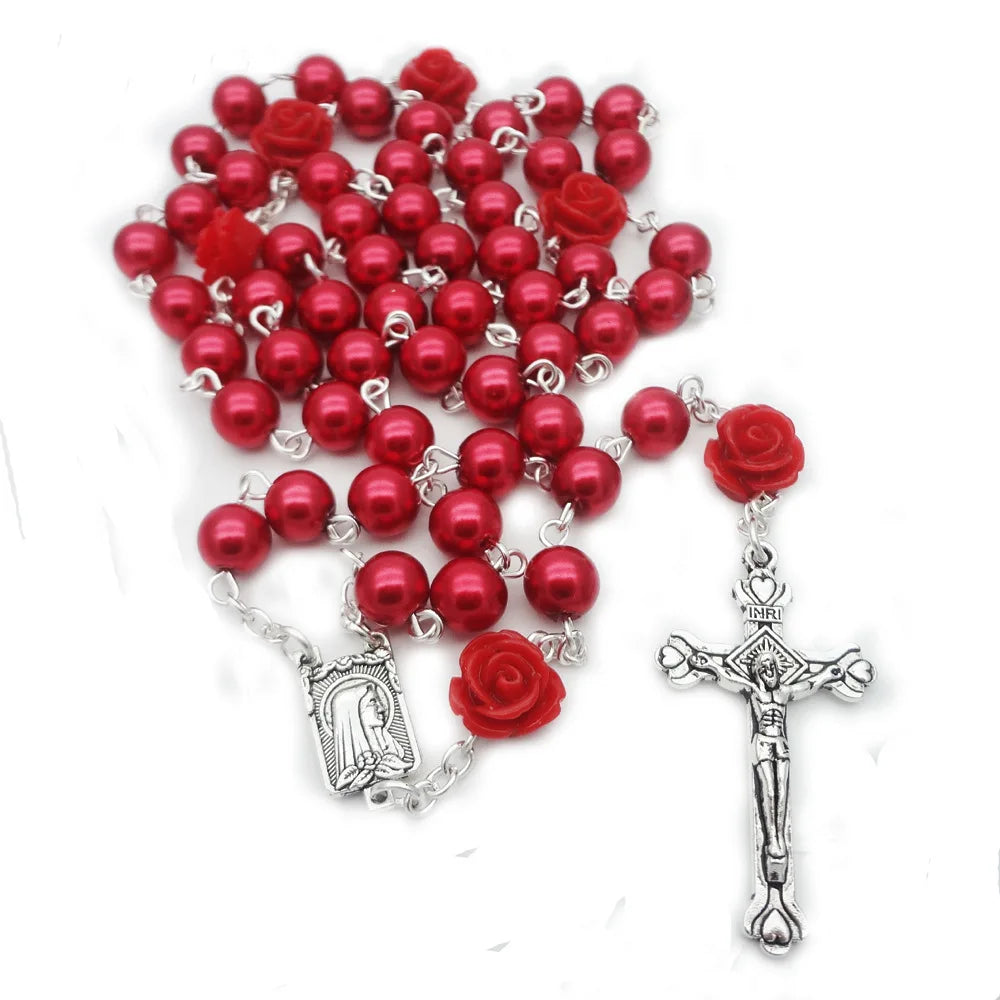 6 Colors Resin Rose Glass Pearl Fashion Rosary Long Pendant Necklace Religious Faith Maria Jesus Cross