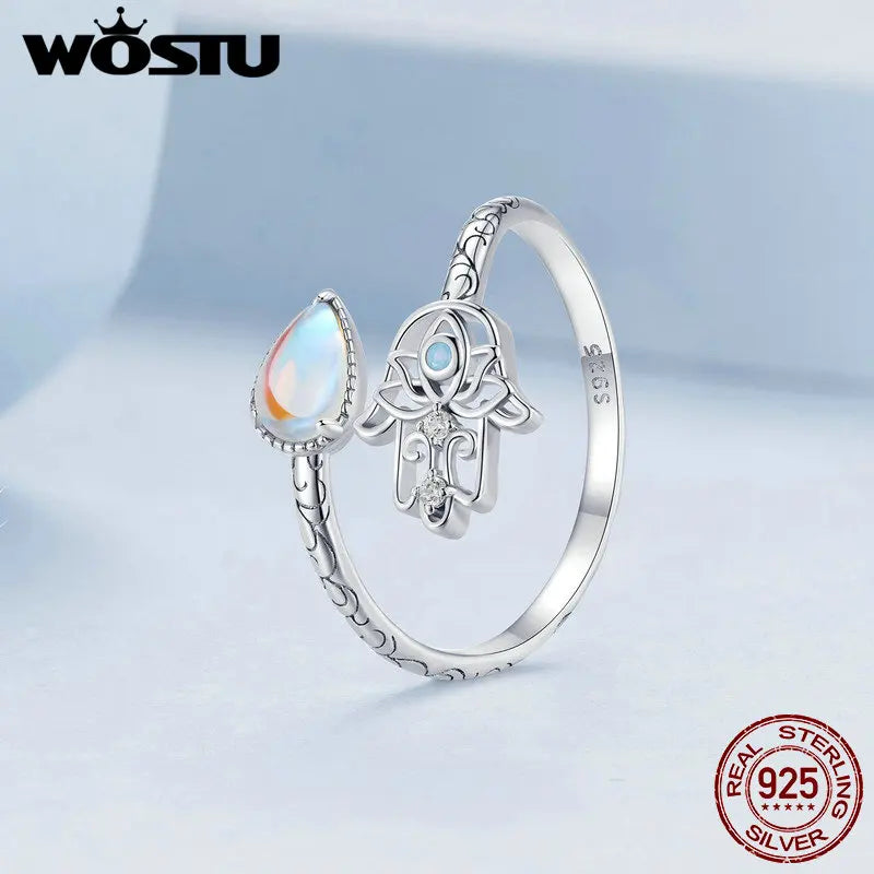 925 Sterling Silver Lucky Hand Of Fatima Opening Ring Rainbow Moonstone Teardrop