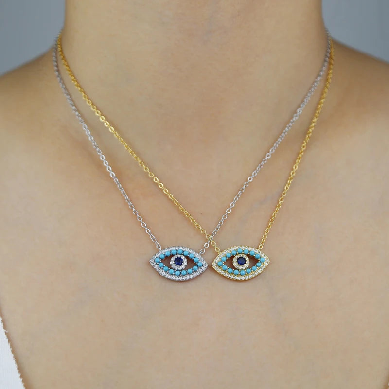 Classic Turkish Evil Eye Pendant Necklace for Women Paved 5A Cubic Zirconia Black and Blue Eye Charm Gold Color for Party 41+5cm 3 Options