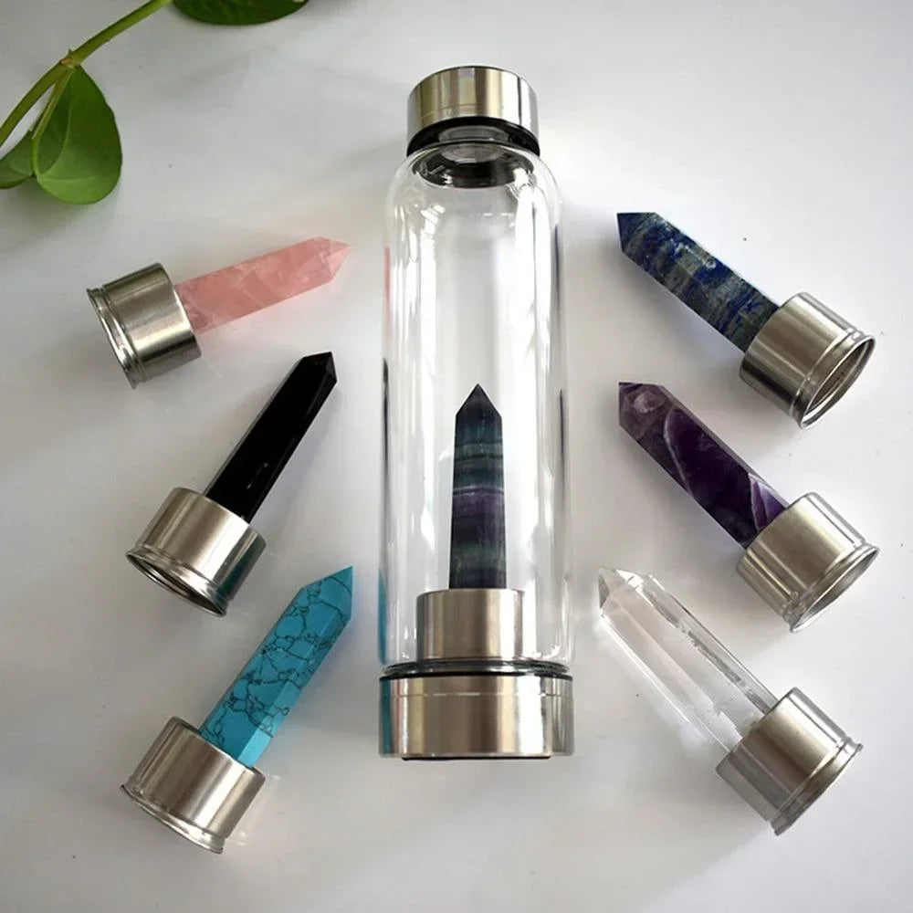 Water Bottle Natural Crystal Stone Diamond Point Healing Obelisk Wand Healing Elixir Quartz Crystal Gem