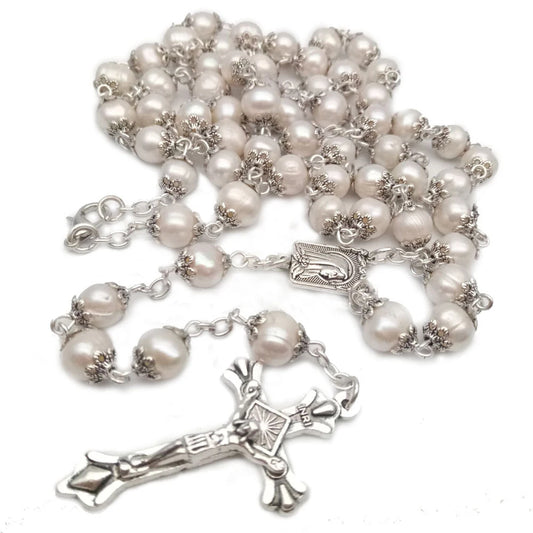 Vintage Pearl Bead Chain Christian Catholic Rosary Cross Rosary Pendant Necklace for Women Men Charm Religious Jewelry Gifts