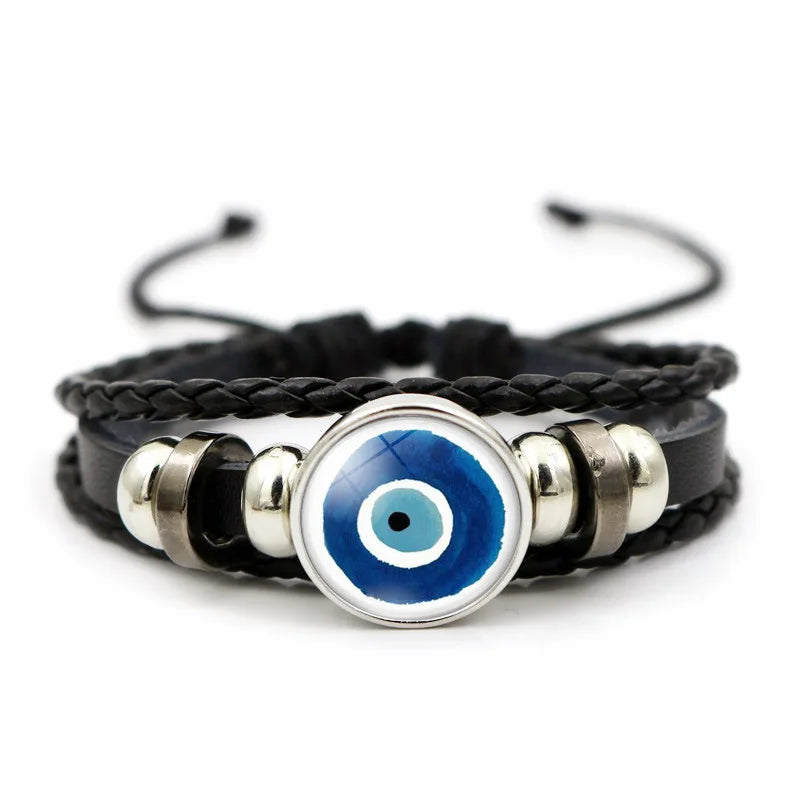 Evil Eye Leather Bracelet Hand Woven Blue Eye Multilayer