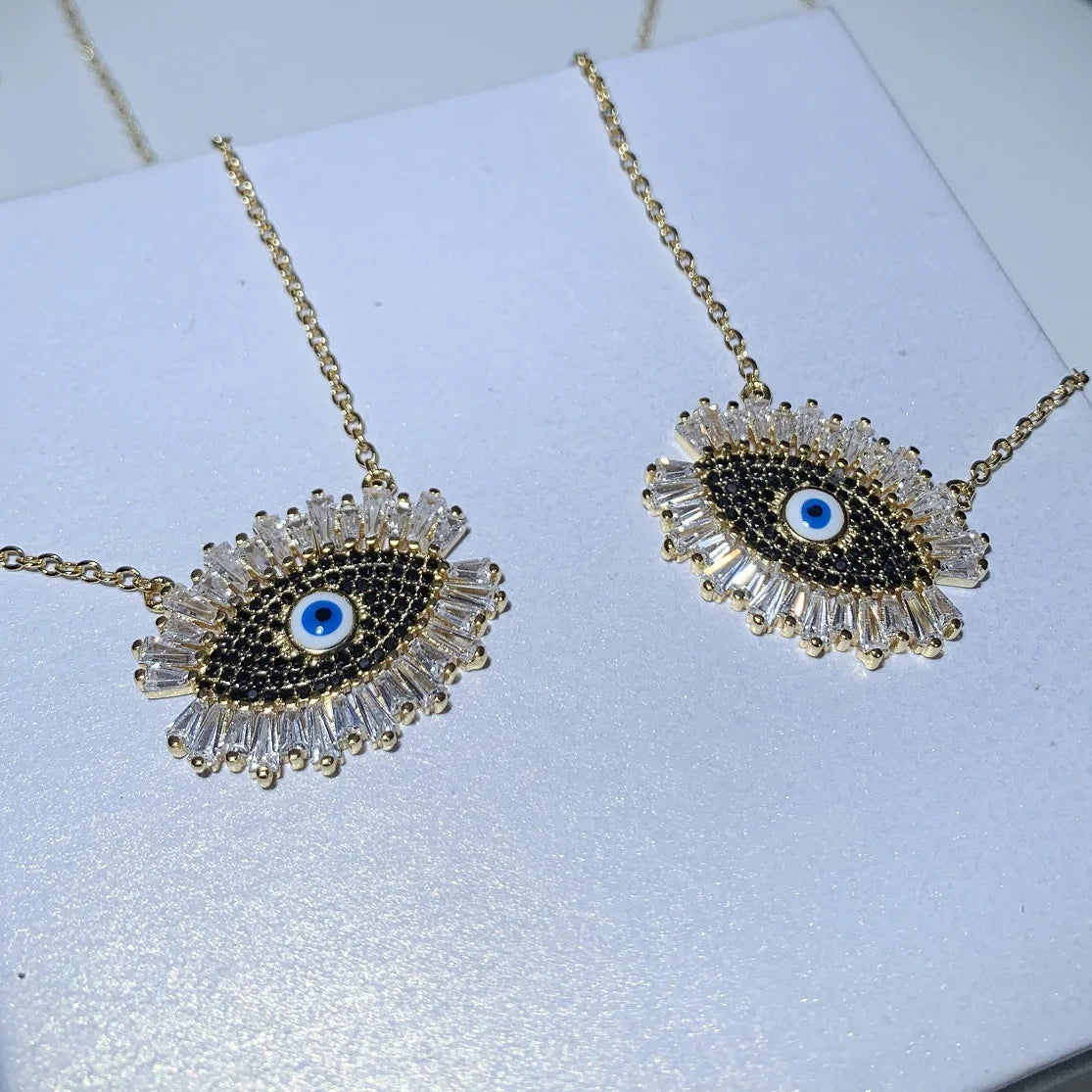 Classic Turkish Evil Eye Pendant Necklace for Women Paved 5A Cubic Zirconia Black and Blue Eye Charm Gold Color for Party 41+5cm 3 Options