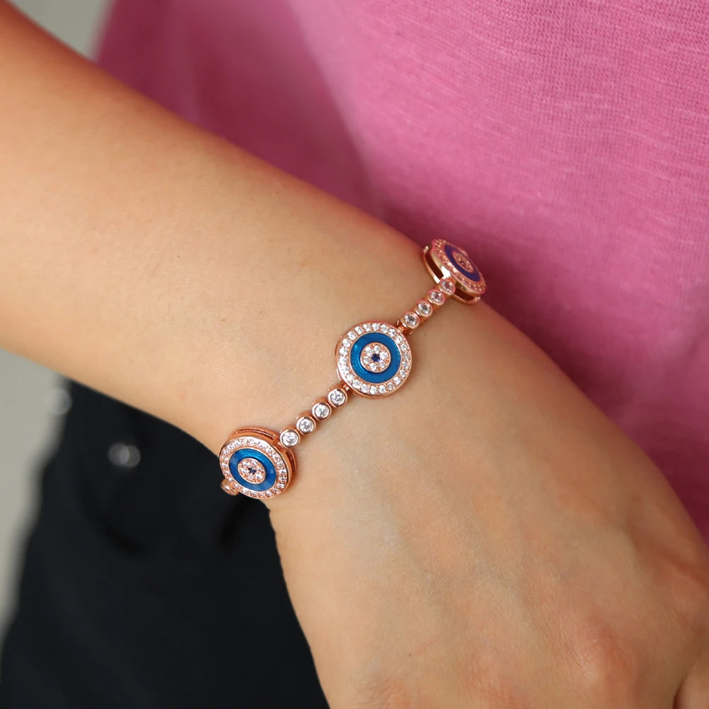 Tennis round evil eye charm fashion jewelry rose gold color bracelet