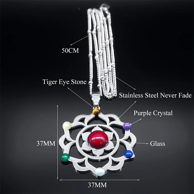 7 Chakra Sacred Geometry Metatron Necklace for Women Flower of Life Stainless Steel Stone Necklaces Reiki Healing Jewelry