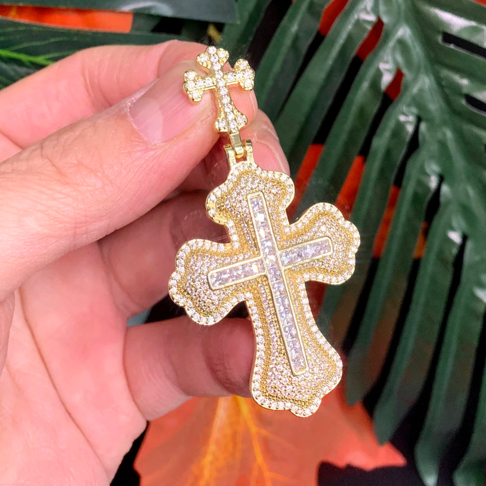 Iced Out Bling Cubic Zircon CZ Double Cross Shape Classic Pendant Necklaces