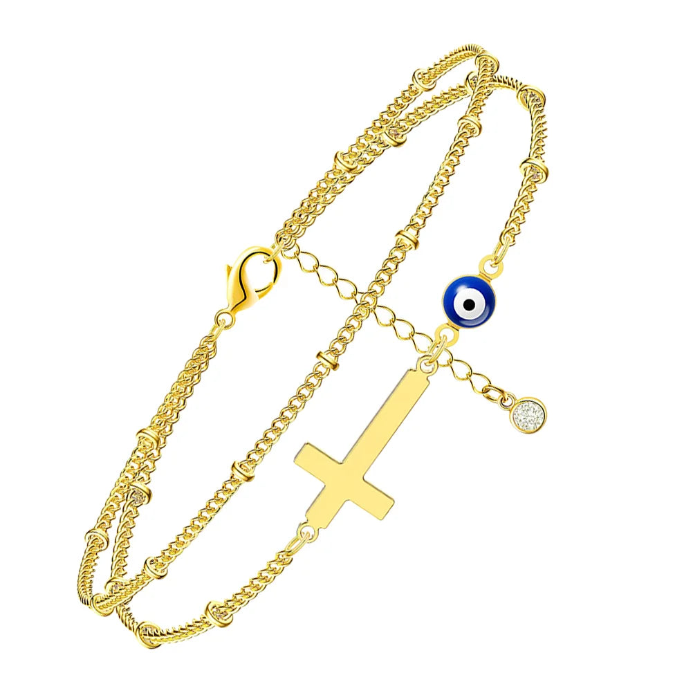 Evil Eye & Cross Layered Anklets