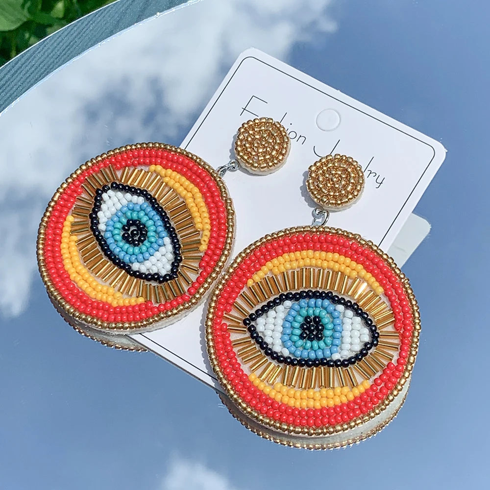 Vintage Beaded Evil Eye Statement Drop Dangling Earrings for Women Girls Bohemian Colorful Rice Beads