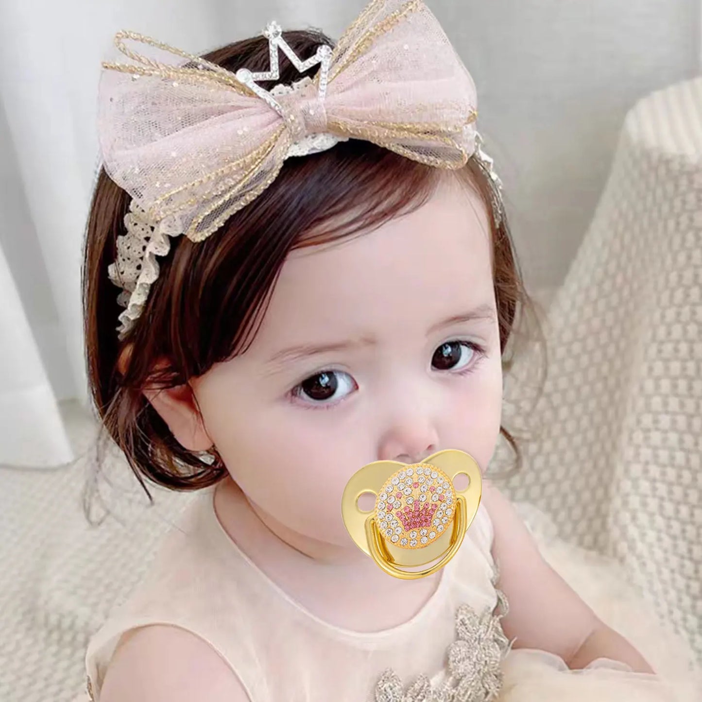 Princess & Prince baby pacifier BPA free fashionable rhinestone baby silicone nipple with nipple clip