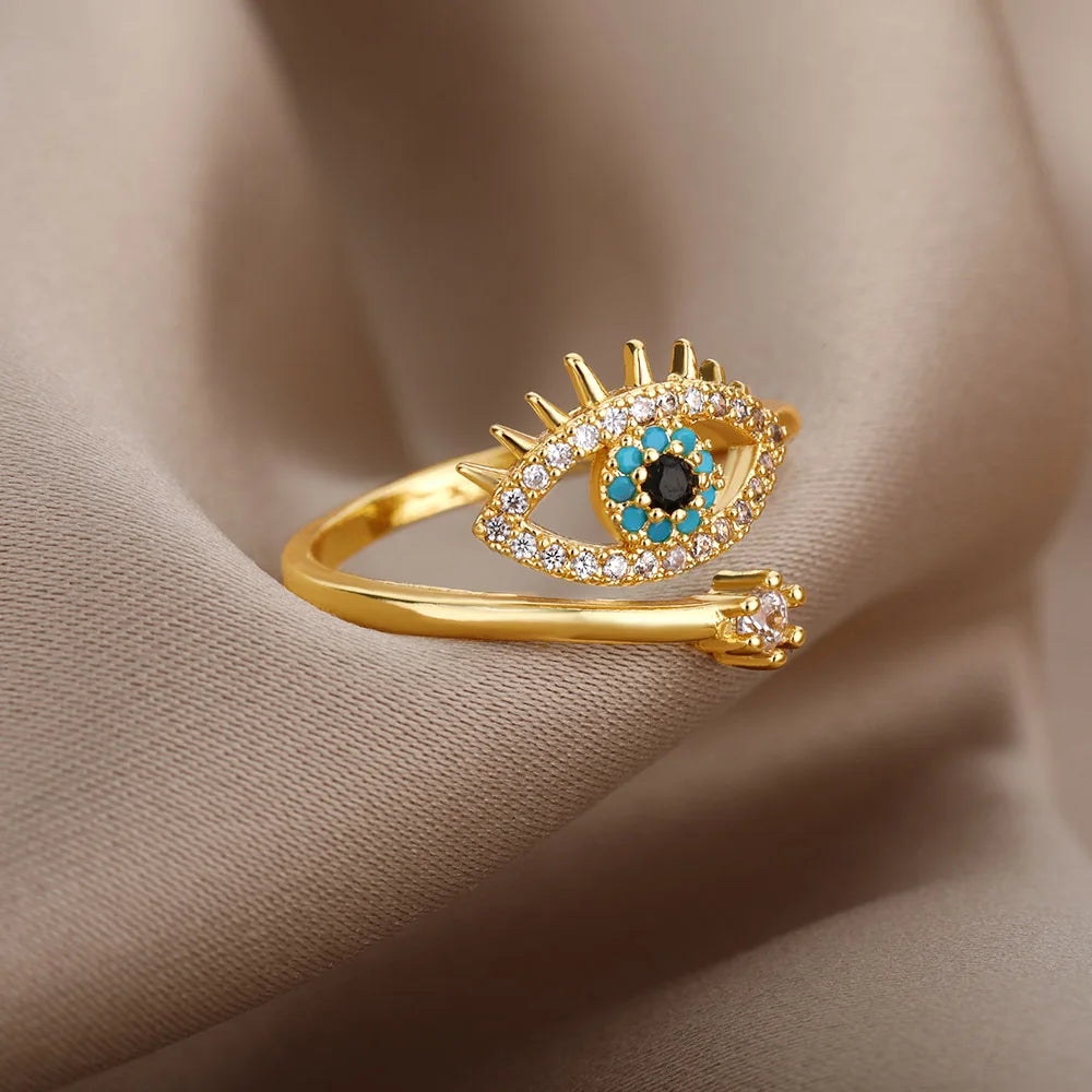 Cubic Zircon Turkey Evil Eye Ring 18k Gold Color Plated Adjustable Open